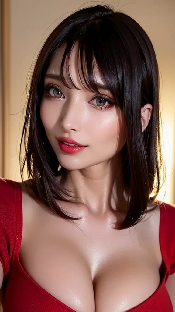 (Highest quality、On the table、8k、Best image quality、Award-winning works)、(Young girl, ************:1.3)、(The perfect V-neck long red sweater:1.2)、(Red eyeshadow:1.2)、Perfect Makeup、Long eyelashes、Ultra HD Shining Eyes、Ultra HD Hair、Ultra-high resolution glossy lips、Ultra High Resolution Perfect Teeth、Ultra HD cute face、Brown Hair、(Very short straight hair:1.1)、Look at me and smile、[clavicle]、Accurate anatomy、Luxury Love Hotel、(The most atmospheric warm light:1.2)、Blurred Background、Has bangs、Ultra-high-definition, shiny, moisturized face、Ultra-high resolution glowing skin、The most delicate face、Super high resolution detailed faces、ultra high resolution hair、Ultra high resolution glowing eyes、Beautiful face with detailed expression、Ultra high resolution glossy red lips、Big Breasts、Split、Fashion Necklace、White camisole