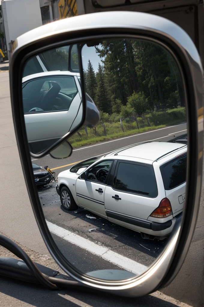 A cruciform rear view mirror hanging in a car accident