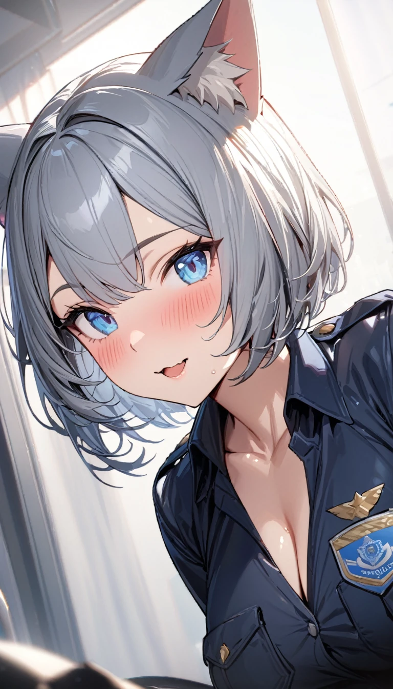 1girl、(((best quality)), ((masterpiece)), (details), masterpiece, best quality, high quality, ulutra detailed, perfect face, ((1girl, Blue eyes, cat ears: 1.3 silver bob hair: 2.5,)) 、Shiny Hair、Glowing Skin、blush、Lustful look、whole body、Police Officer Costume、Police officer's tight skirt、Policeman's hat、Black stiletto heels、salute、Embarrassed smile、Holding a Japanese sword、police box、Police Station Background、whole body