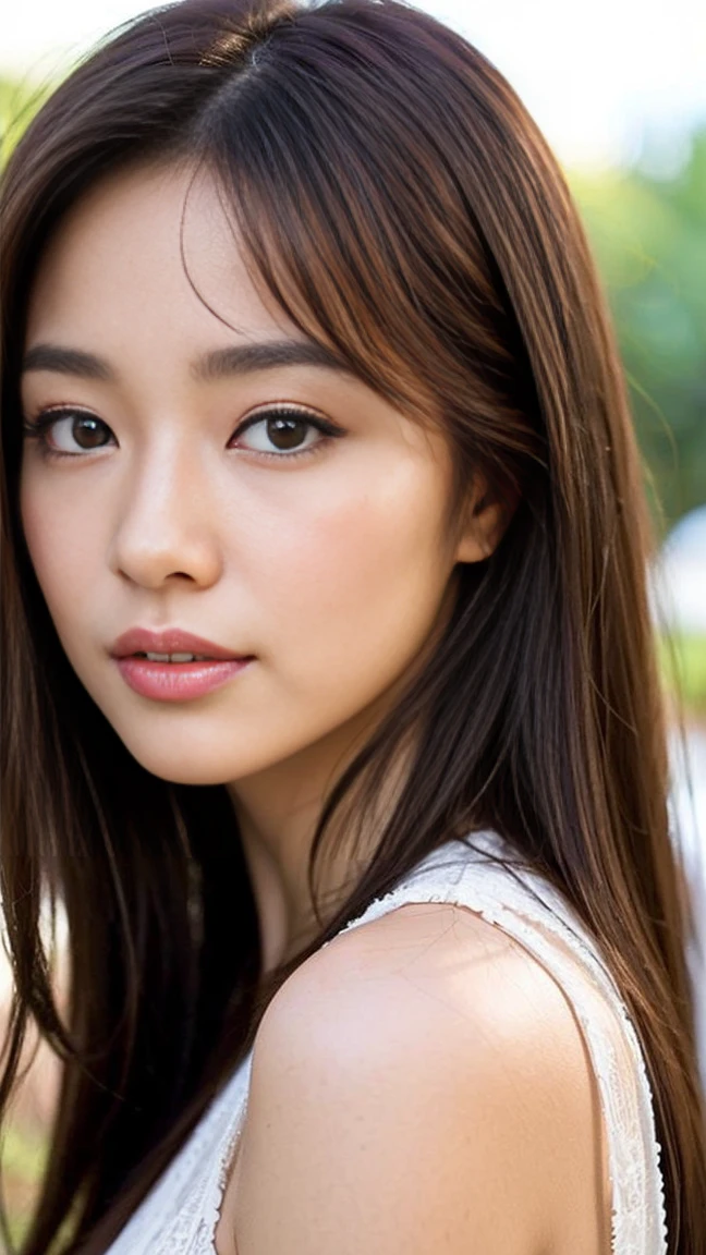 dark brown hair、light brown eyes、Japanese actress 、lady、Iは彼に似ています&;I'Iは40歳くらいです.、(intricate details:1.2)、(highest quality:1.4)、 (ultra high resolution:1.2)、ultra high resolution、(fine eyes)、(detailed facial features)、ticker、8K resolution、D cup size breasts、long hair、singapore terrace restaurant、view of singapore、Sit comfortably on a sofa on the terrace of a cafe with a beautiful view..、relax、lean on the backrest、Clothes in light tones、
