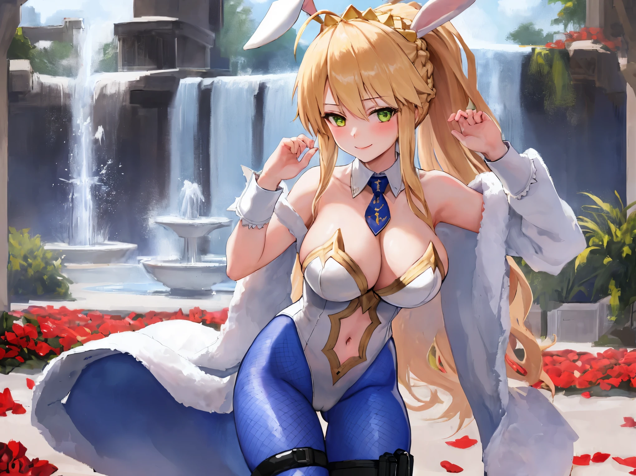 masterpiece, best quality, absurdres, soft lighting, looking at viewer, solo, light_smile, shy,
1girl, ahoge, rabbit ears, playboy bunny, artoria pendragon \(swimsuit ruler\) \(fate\), large breasts , blonde hair, green eyes, french braid,  pony tail
bare shoulders, large breasts , cleavage,
clothing cut out, wrist cuffs, detached collar, navel cutout, feather boa,
white leotard, blue necktie, blue pantyhose, single thigh strap, hands_on_head,put_hands_up,
squat,gorgeous_fountain_landscape_background,solo,rabbit_posing,large_thighs,Extend_fingers,palm,open_legs,.solo