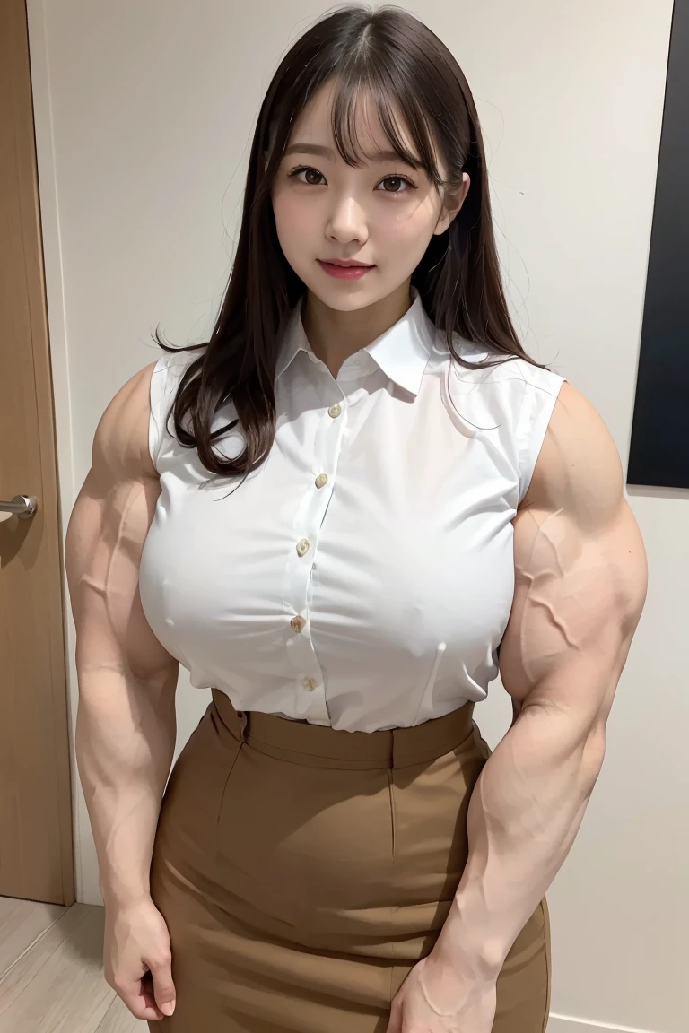 (Best quality,masterpiece,ultra detailed,8K,RAW photo,realistic,high resolution:1.2),(Pretty Japanese girl),(Super huge tits:1.4),(light brown hair),(collared shirt,pencil skirt:1.4),(muscular:1.6),(shoulder length),(light smile),(huge arms:1.5)