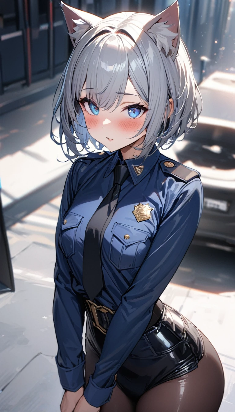 1girl、(((best quality)), ((masterpiece)), (details), masterpiece, best quality, high quality, ulutra detailed, perfect face, ((1girl, Blue eyes, cat ears: 1.3 silver bob hair: 2.5,)) 、Shiny Hair、Glowing Skin、blush、Lustful look、whole body、Police Officer Costume、Police officer&#39;s tight skirt、Policeman&#39;s hat、Black stiletto heels、salute、Embarrassed smile、Holding a Japanese sword、police box、Police Station Background、whole body