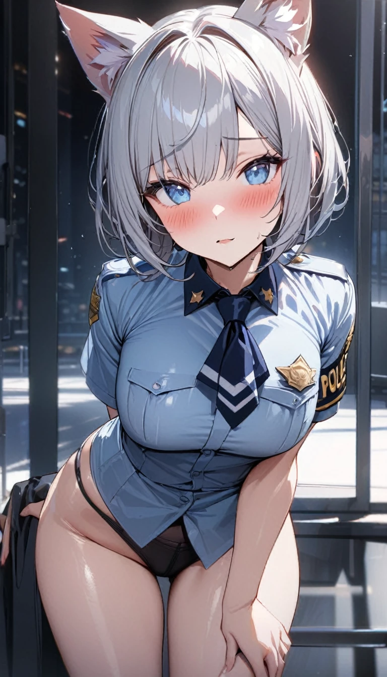 Erotic Anime Illustration、Highest image quality、Buxom female police officer shows off her vagina in an alleyway、Artoria、perfect proportions、Overwhelmingly big breasts beyond the norm、thick legs with fat、big areola、Beautiful shining eyes、cowboy shot、get into heat、shaved pussy、exposing nipples、spread legs、Detailed depiction of the vagina、sweating、fearless smile