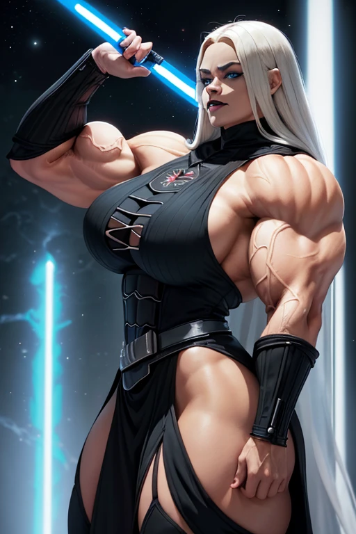 anime waifu bodybuilder, cute face, serious face, perfect body, fit body, abdomen, large breasts, muscular, A2 de nier automata