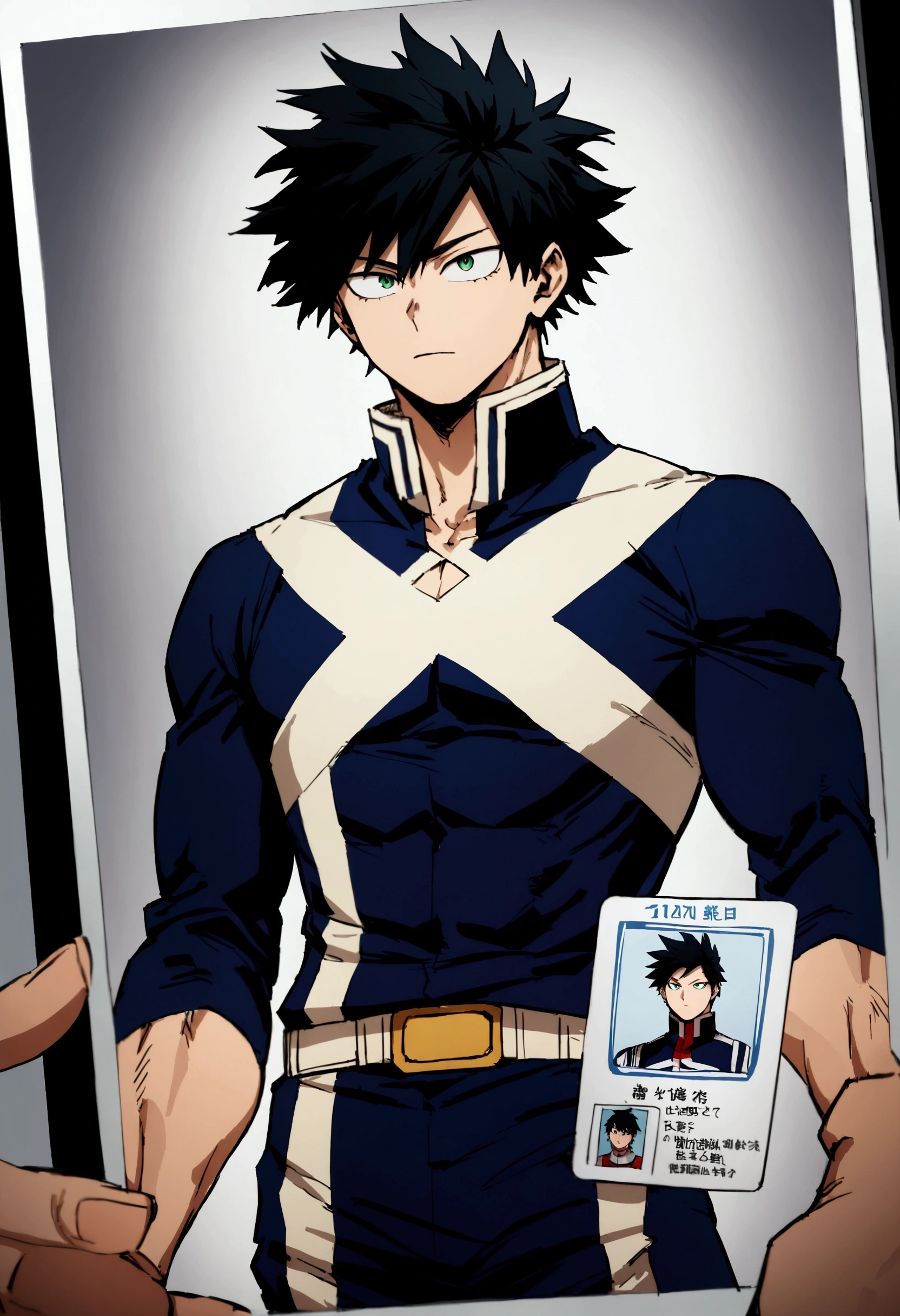 He is a 17 year old teenager, He has slightly disheveled black hair..., somewhat light green eyes, (front angle ), (identity card photo)  , muscular body , He is dressed in the anime uniform. "my hero academia"