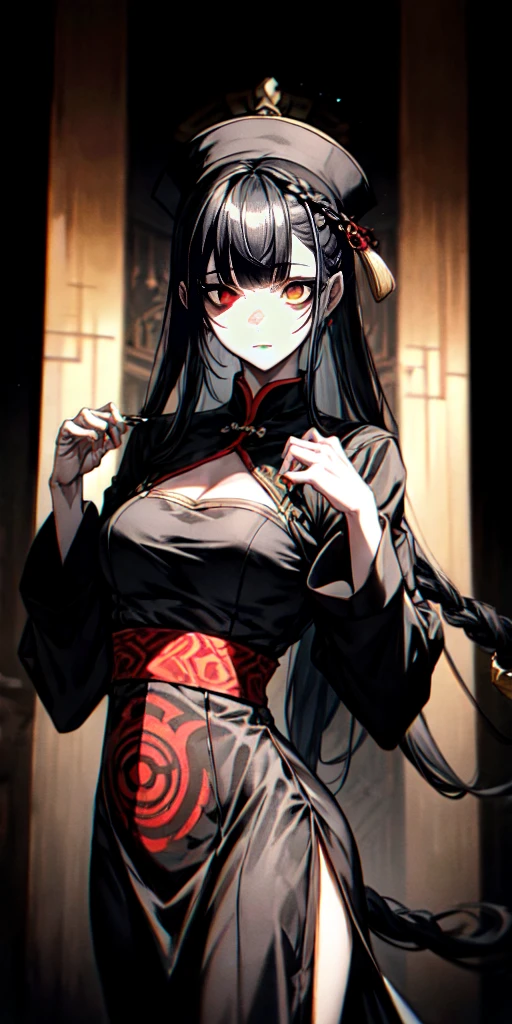 lora:flat:-1.2, masterpiece, best quality, 4k, 8k, 1 woman, solo, pale skin, tall stature, long hair, blunt bangs, side braid, black hair, ugly face, bad face, bad eyes, droopy eyes, unclear eyes, ruby red eyes, lemon yellow eyes, pale skin, black eyeliner, black eye shadow, heterochromia, slender frame, frightened, ofuda, jiangshi costume:1.2, sheath long skirt, China dress, fang, horror, coffin, forest, dark night, stormy weather, fog, from front, cowboy shot, look at viewer, paw pose,