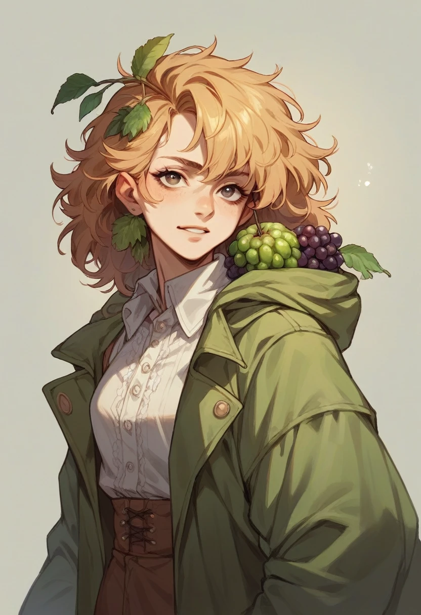 Grape fruit cartoon character with a big hair and coat