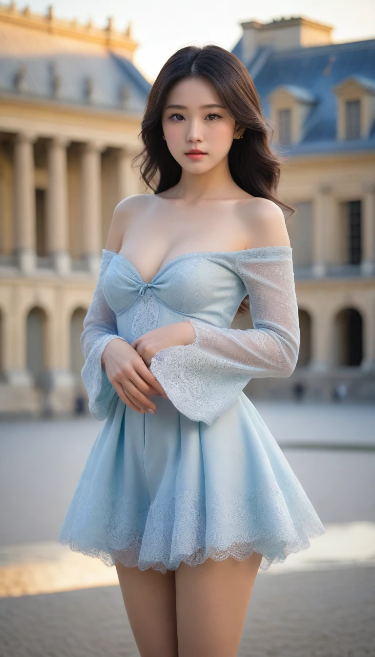 8k, Ultra-high resolution, Highest quality, masterpiece, 三分割法によるphotograph,Surreal, photograph, 1 Girl, (16 years old:1.3), pretty girl, Cute Face, Beautiful eyes in every detail, 細かくdetailedに,masterpiece,One Girl:1.2, Japan Female Announcer,full body,disgust,Long black hair,Curl inside hair,(Nobility of the Bourbon dynasty:1.3),(印象派の美しい少女のPortraiture), Lady,(Standing in the square of the Palace of Versailles:1.3), (After the Rain), (Sunset reflection), (Impressionist light and colour),Realistic Skin, Perfect and beautiful face ,完璧でCute Face, Skin with attention to detail, Perfect limbs、Narrow waist,Looking at the audience、beauty,Long neck、(((Ideal body type))),A cup small breasts :2,Portraiture:2,Perfect Anatomy,鮮明なdetailed,detailed,Surreal,Light and shadow,darkness
