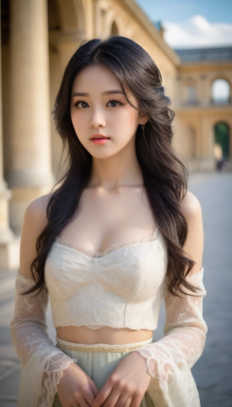8k, Ultra-high resolution, Highest quality, masterpiece, 三分割法によるphotograph,Surreal, photograph, 1 Girl, (16 years old:1.3), pretty girl, Cute Face, Beautiful eyes in every detail, 細かくdetailedに,masterpiece,One Girl:1.2, Japan Female Announcer,full body,disgust,Long black hair,Curl inside hair,(Nobility of the Bourbon dynasty:1.3),(印象派の美しい少女のPortraiture), Lady,(Standing in the square of the Palace of Versailles:1.3), (After the Rain), (Sunset reflection), (Impressionist light and colour),Realistic Skin, Perfect and beautiful face ,完璧でCute Face, Skin with attention to detail, Perfect limbs、Narrow waist,Looking at the audience、beauty,Long neck、(((Ideal body type))),A cup small breasts :2,Portraiture:2,Perfect Anatomy,鮮明なdetailed,detailed,Surreal,Light and shadow,darkness