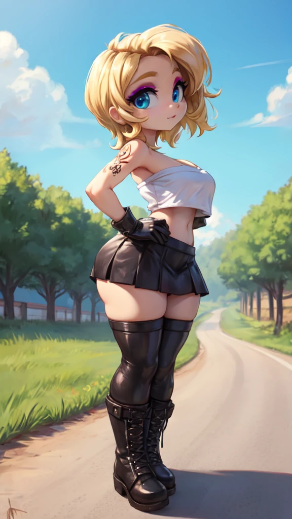 White tube top, white felt miniskirt, FOCUS CUTE FACE,  MAKEUP, blonde medium wave hair, narrow eyes, blue eyes, countryside, wear black boots, with BLACK TATTOS in her body, FOCUS wear leather gloves, outdoors, blue sky, all body view. BACK VIEW. She is looking at the viewer. Pussy visible.