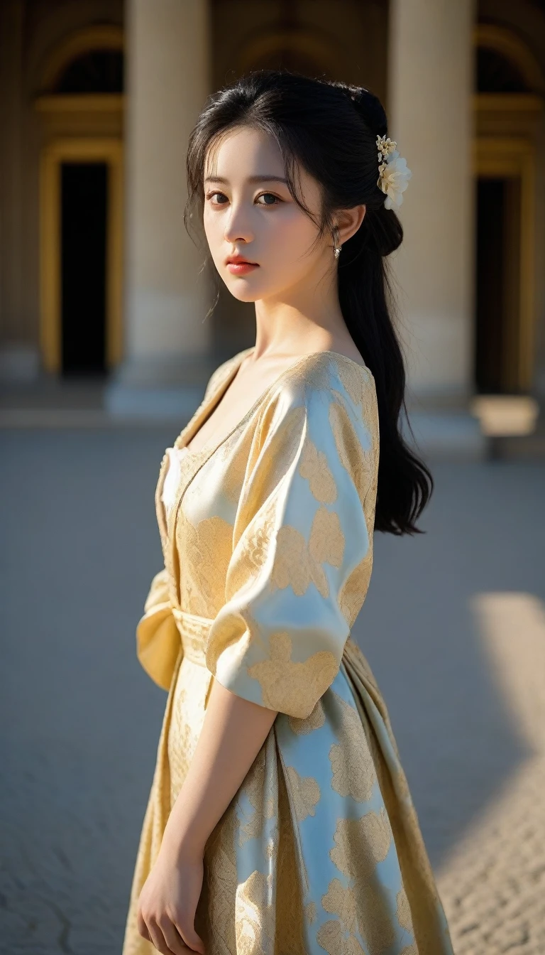 8k, Ultra-high resolution, Highest quality, masterpiece, 三分割法によるphotograph,Surreal, photograph, 1 Girl, (16 years old:1.3), pretty girl, Cute Face, Beautiful eyes in every detail, 細かくdetailedに,masterpiece,One Girl:1.2, Japan Female Announcer,full body,disgust,Long black hair,Curl inside hair,(Nobility of the Bourbon dynasty:1.3),(印象派の美しい少女のPortraiture), Lady,(Standing in the square of the Palace of Versailles:1.3), (After the Rain), (Sunset reflection), (Impressionist light and colour),Realistic Skin, Perfect and beautiful face ,完璧でCute Face, Skin with attention to detail, Perfect limbs、Narrow waist,Looking at the audience、beauty,Long neck、(((Ideal body type))),A cup small breasts :2,Portraiture:2,Perfect Anatomy,鮮明なdetailed,detailed,Surreal,Light and shadow,darkness