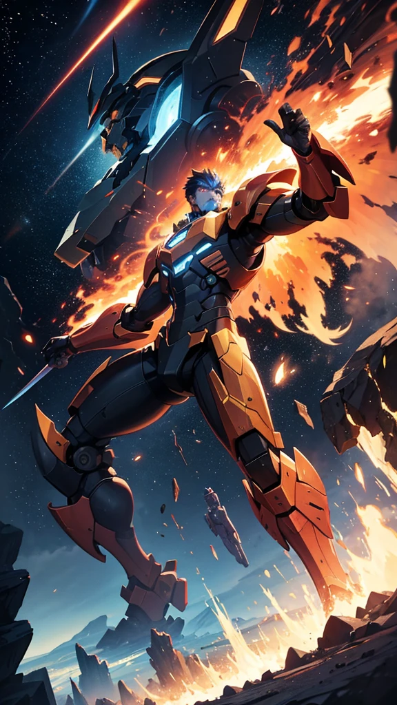 one men , Fighting a giant robot ,destroyed cenario , sparks of fire , epic scenery , man with sword, black hole in the sky