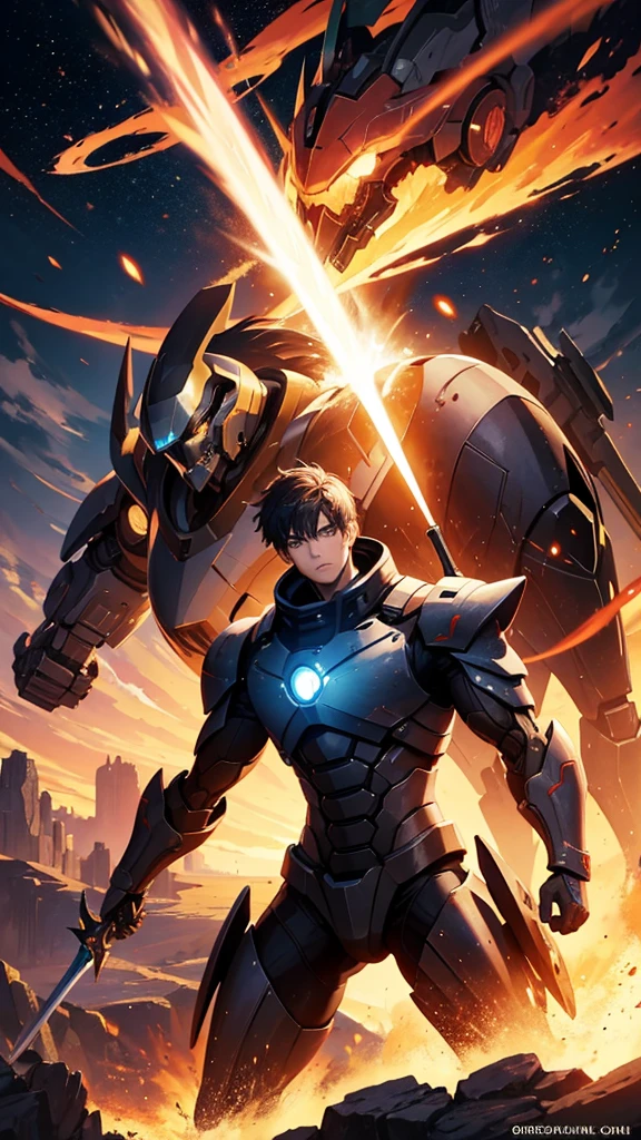 one men , Fighting a giant robot ,destroyed cenario , sparks of fire , epic scenery , man with sword, black hole in the sky