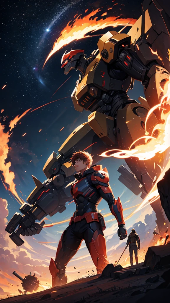 one men , Fighting a giant robot ,destroyed cenario , sparks of fire , epic scenery , man with sword, black hole in the sky
