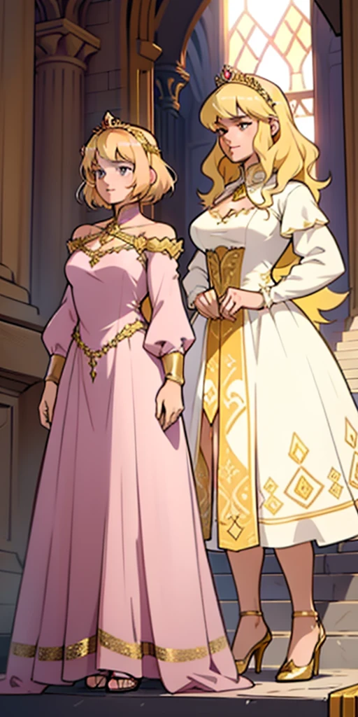 Two blonde princesses, one with short hair and the other with long hair, both wearing crystal and gold tiaras, wearing medieval dresses, royal dresses, pink and white dresses, wearing a