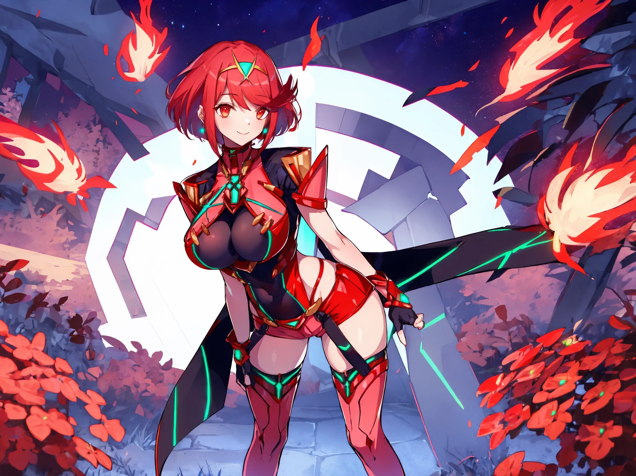 pyra \(xenoblade\), young__1girl, armor, bangs, black gloves, breasts, red eyes, closed mouth, earrings, eyelashes, fingerless gloves, floating hair, framed breasts, gem, gloves, hair ornament, headpiece, jewelry, big_breasts, leaning back, leotard, neon trim, official art, pose, red hair, red shorts, saitou masatsugu, short hair, short shorts, short sleeves, shorts, sidelocks, skin tight, solo, standing, swept bangs, thighhighs, tiara, night_prairie_landscape_background, turtleneck, underbust, vambraces, xenoblade chronicles \(series\), (xenoblade chronicles 2), apart_legs, fire_effect,dynamic_pose_fighting,light_smile, (plump:1.1), big_ass,huge_sword, hold_large_sword_hilt, solo, covered_nipples, covered_pussy,