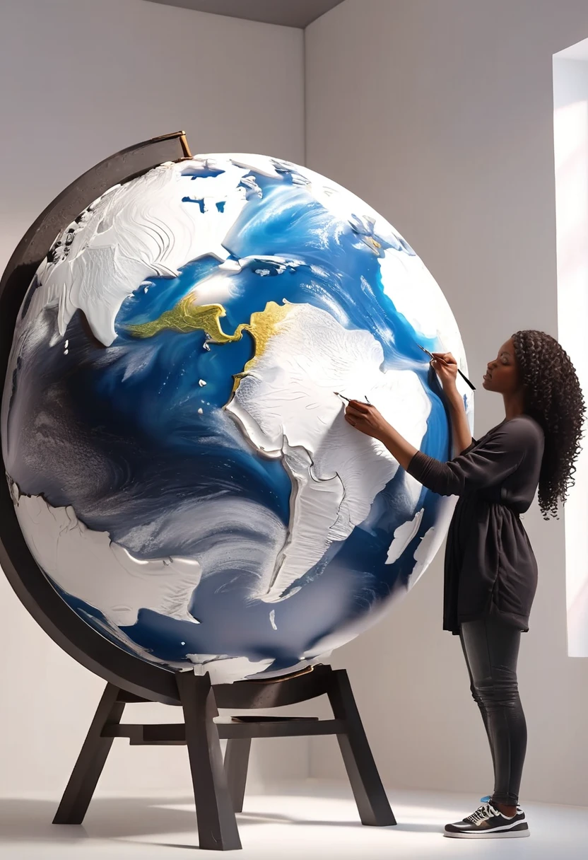 Side angle view of black woman painting a 3d sculpture of highly detailed planet earth,  painting in empty space with white background, 32k, ultra HD, unreal engine rendered, cinematic lighting 