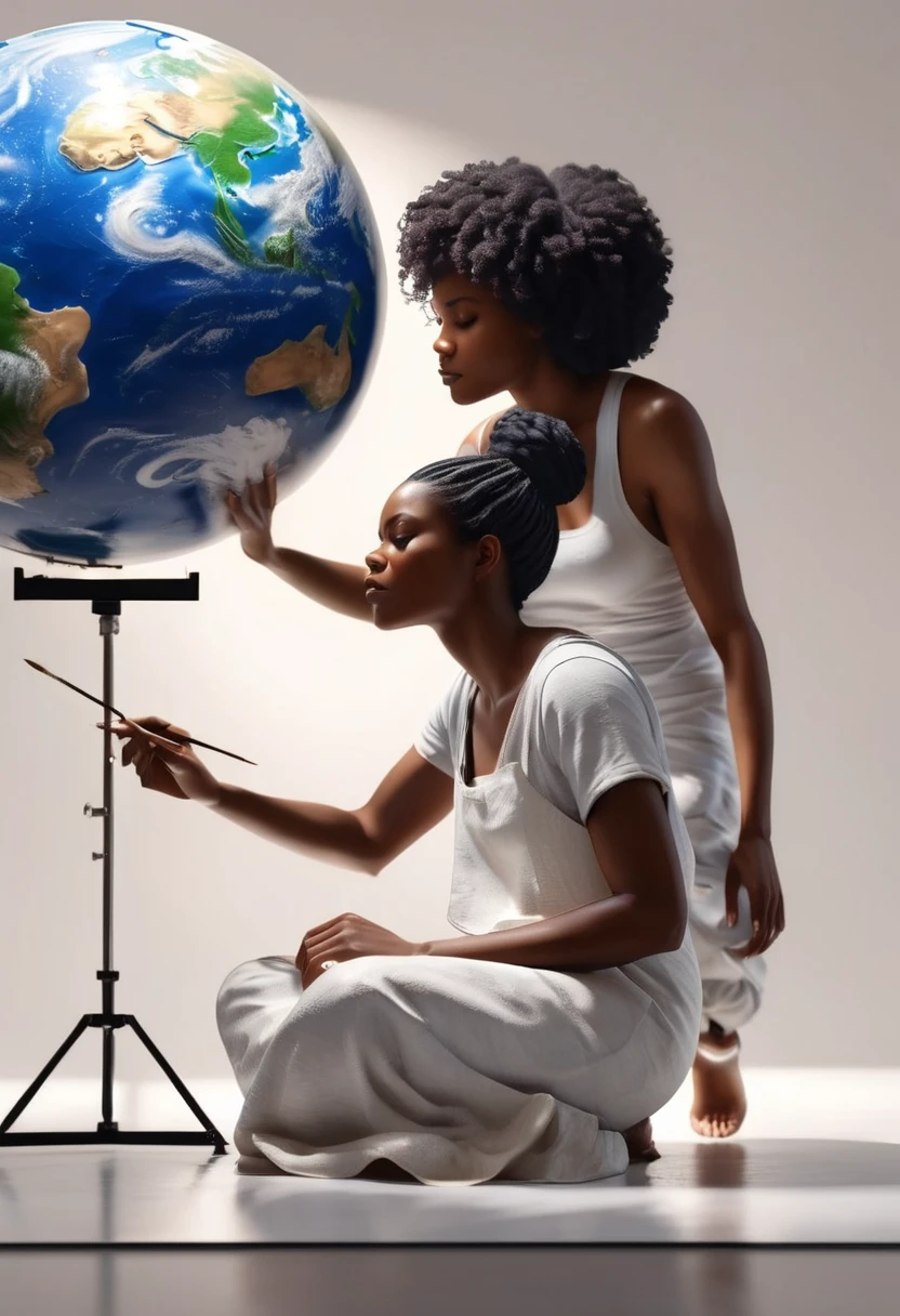 Side angle view of black woman painting a 3d sculpture of highly detailed planet earth,  painting in empty space with white background, 32k, ultra HD, unreal engine rendered, cinematic lighting 