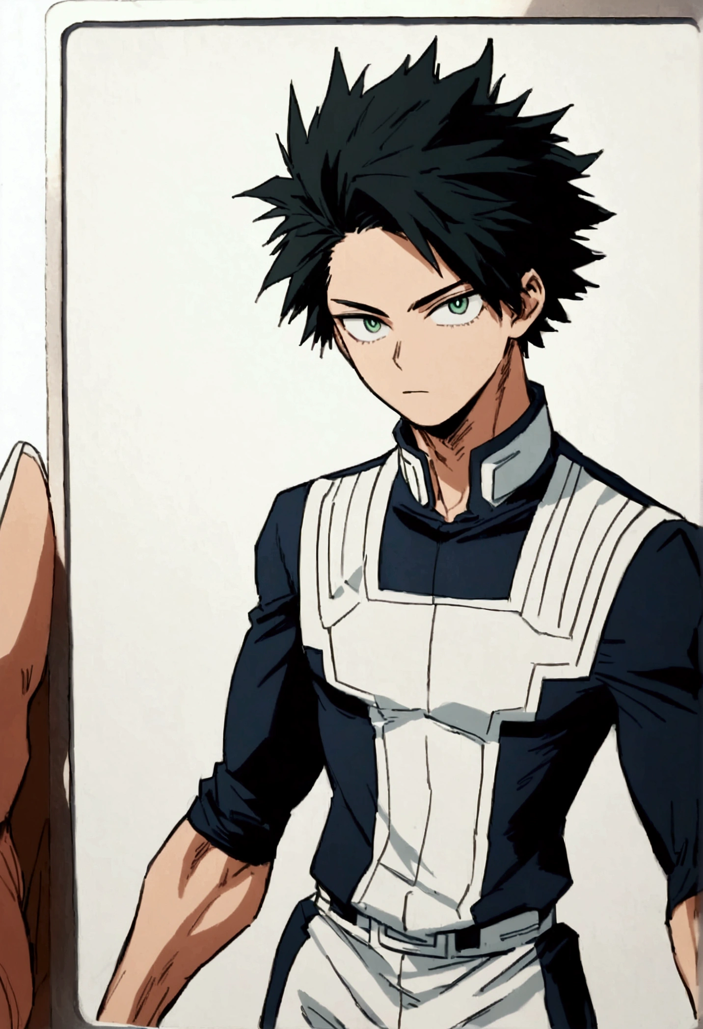 He is a 17 year old teenager, He has slightly disheveled very black hair..., somewhat light green eyes, (front angle ), (identity card photo, my hero academy style)  , muscular body , He is dressed in the anime uniform. "my hero academia"