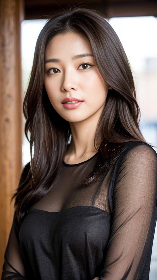 dark brown hair、light brown eyes、Japanese actress、lady、Iは彼に似ています&;I'Iは40歳くらいです.、(intricate details:1.2)、(highest quality:1.4)、 (ultra high resolution:1.2)、ultra high resolution、(fine eyes)、(detailed facial features)、ticker、8K resolution、D cup size breasts、long hair、singapore terrace restaurant、view of singapore、Sit comfortably on a sofa on the terrace of a cafe with a beautiful view..、relax、lean on the backrest、Clothes in light tones、
