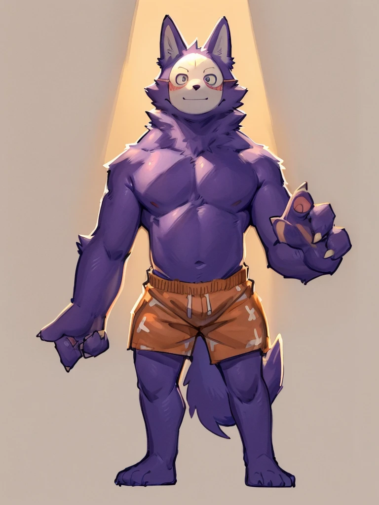 ((Best quality, masterpiece, detailed anatomy, detailed eyes, detailed hands, perfect lighting, perfect shading,)), by Zackary911, by Bebebebebe, 1male, Kedamono, Wolf, purple furs, tight body, eyes, mask, skinny chub body, young body, shirtless, orange shorts, barefoot, at the white background 