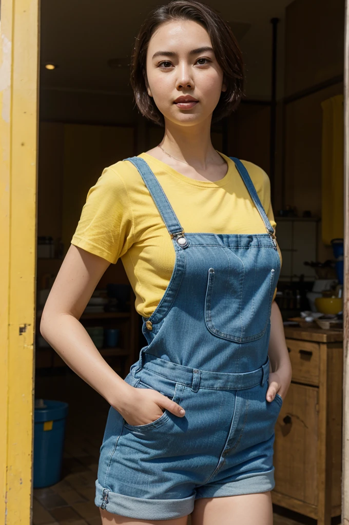 Jessica Henwick, blue overalls, yellow t-shirt, short hair.