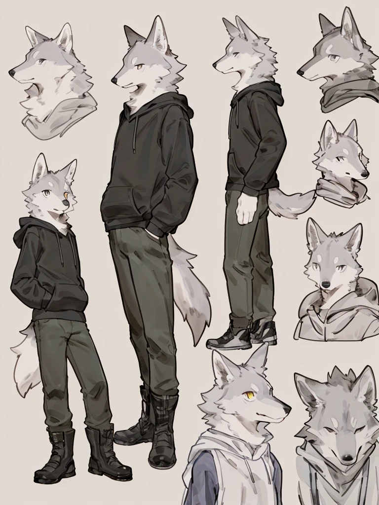 ((Best quality, masterpiece, detailed anatomy, detailed eyes, detailed hands, perfect lighting, perfect shading, no color, sketch line art)), by Buta99, by Bebebebebe, 1male, Wolf, furs, tight body, eyes, skinny chub body, young body, sleeveless hoodie, pants, boots, at the white background 