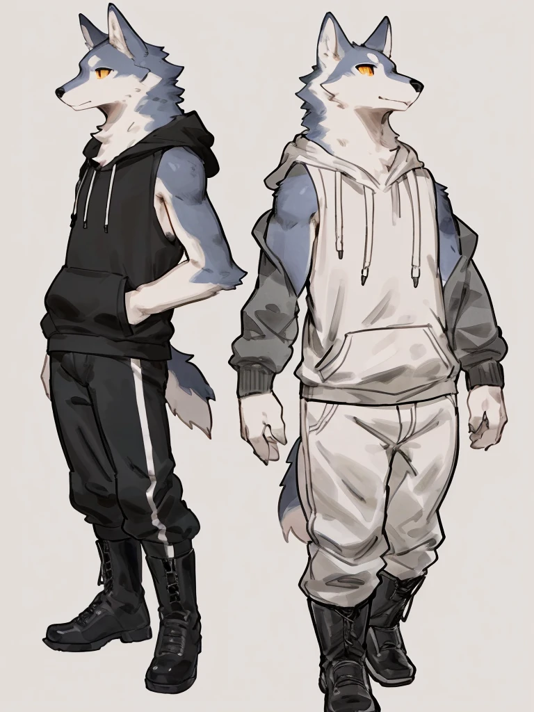 ((Best quality, masterpiece, detailed anatomy, detailed eyes, detailed hands, perfect lighting, perfect shading, no color, sketch line art)), by Buta99, by Bebebebebe, 1male, Wolf, furs, tight body, eyes, skinny chub body, young body, sleeveless hoodie, pants, boots, at the white background