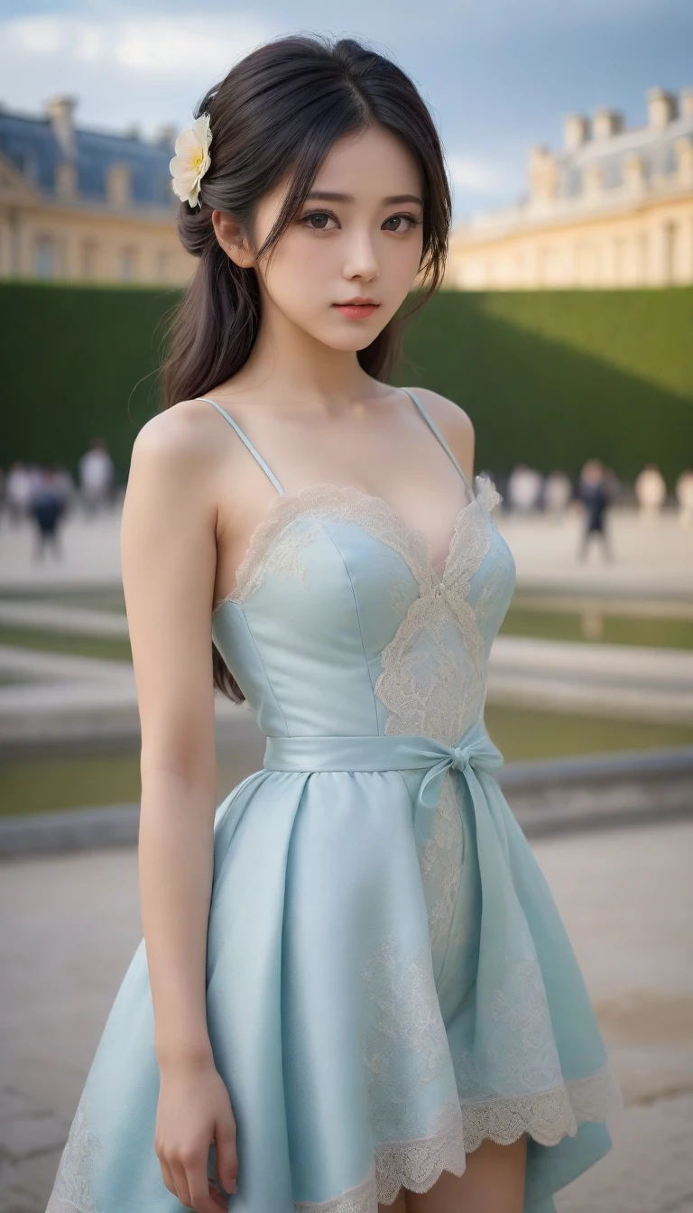 8k, Ultra-high resolution, Highest quality, masterpiece, 三分割法によるphotograph,Surreal, photograph, 1 Girl, (16 years old:1.3), pretty girl, Cute Face, Beautiful eyes in every detail, 細かくdetailedに,masterpiece,One Girl:1.2, Japan Female Announcer,full body,disgust,Long black hair,Curl inside hair,(Nobility of the Bourbon dynasty:1.3),(印象派の美しい少女のPortraiture), Lady,(Standing in the square of the Palace of Versailles:1.3), (After the Rain), (Sunset reflection), (Impressionist light and colour),Realistic Skin, Perfect and beautiful face ,完璧でCute Face, Skin with attention to detail, Perfect limbs、Narrow waist,Looking at the audience、beauty,Long neck、(((Ideal body type))),A cup small breasts :2,Portraiture:2,Perfect Anatomy,鮮明なdetailed,detailed,Surreal,Light and shadow,darkness