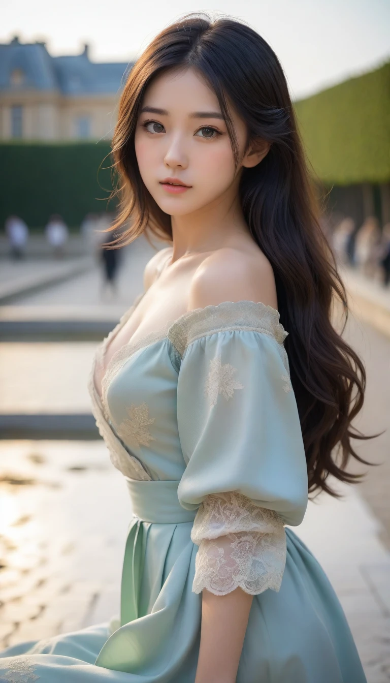 8k, Ultra-high resolution, Highest quality, masterpiece, 三分割法によるphotograph,Surreal, photograph, 1 Girl, (16 years old:1.3), pretty girl, Cute Face, Beautiful eyes in every detail, 細かくdetailedに,masterpiece,One Girl:1.2, Japan Female Announcer,full body,disgust,Long black hair,Curl inside hair,(Nobility of the Bourbon dynasty:1.3),(印象派の美しい少女のPortraiture), Lady,(Standing in the square of the Palace of Versailles:1.3), (After the Rain), (Sunset reflection), (Impressionist light and colour),Realistic Skin, Perfect and beautiful face ,完璧でCute Face, Skin with attention to detail, Perfect limbs、Narrow waist,Looking at the audience、beauty,Long neck、(((Ideal body type))),A cup small breasts :2,Portraiture:2,Perfect Anatomy,鮮明なdetailed,detailed,Surreal,Light and shadow,darkness