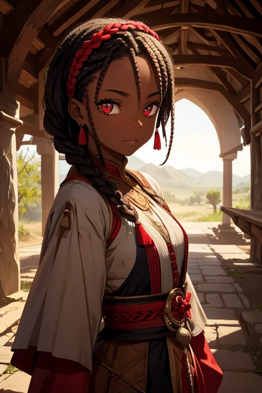 african girl , short braided hair , Eyes red, medieval clothing 