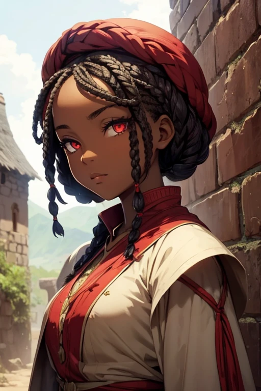african girl , short braided hair , Eyes red, medieval clothing 