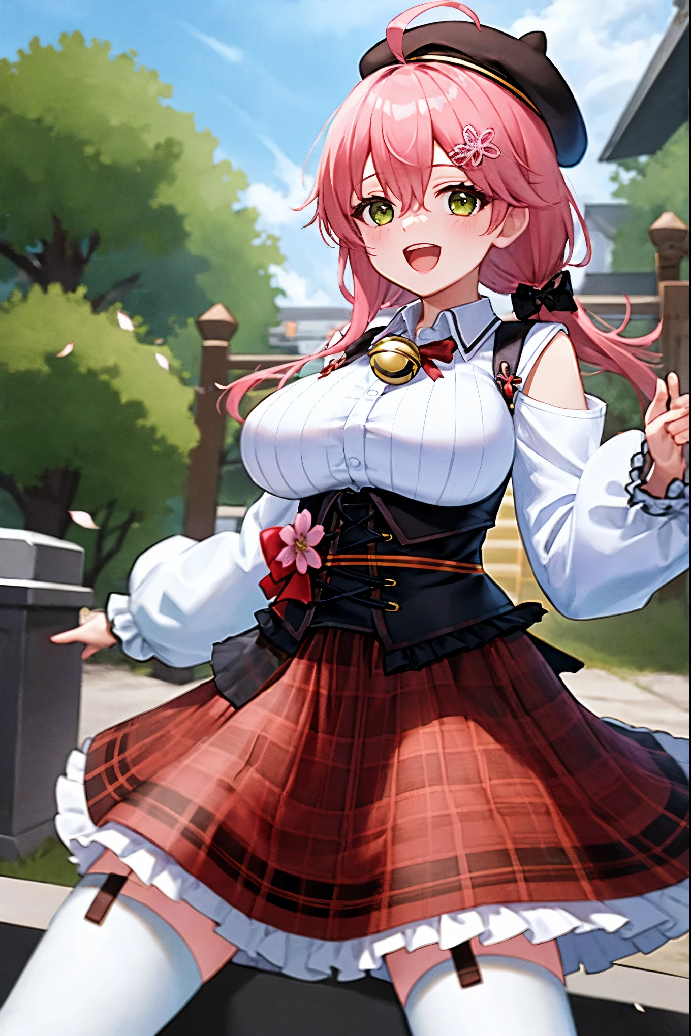 masutepiece, Best_Quality, hight_resolution, miko2,Ponytail, 1girl, Ahoge, black headwear, Hair Ornament, White shirt, black thighhighs, Pink hair, Red_skirt, very_short_skirt, plaid skirts, garter_strap, Collared shirt, hair clips, frilld, Bangs, hair between eye, frills skirt, beret, Pleated skirt, Hair Flower, Neck bell, , puffy long sleeves, Black bow, Underbust, Cowboy Shot,Smile, (large_breasts:1.3),covered_nipples, covered_pussy,green_eyes, happy, childlike_posing,spread_legs,(big_smile:1.2),plump,open_mouth,shout,half_eyes,cherryblossom_park_background,