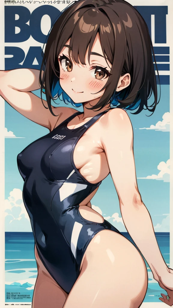 Highly detailed, vibrant color, detailed skin, detailed fabric, detailed eyes. Brown haired young woman, beautiful, bob hair, brown eyes, small to medium breasts, smiling, showing off armpit, backless swimsuit, sideboobs, soft smile, blushing, gravure magazine cover.