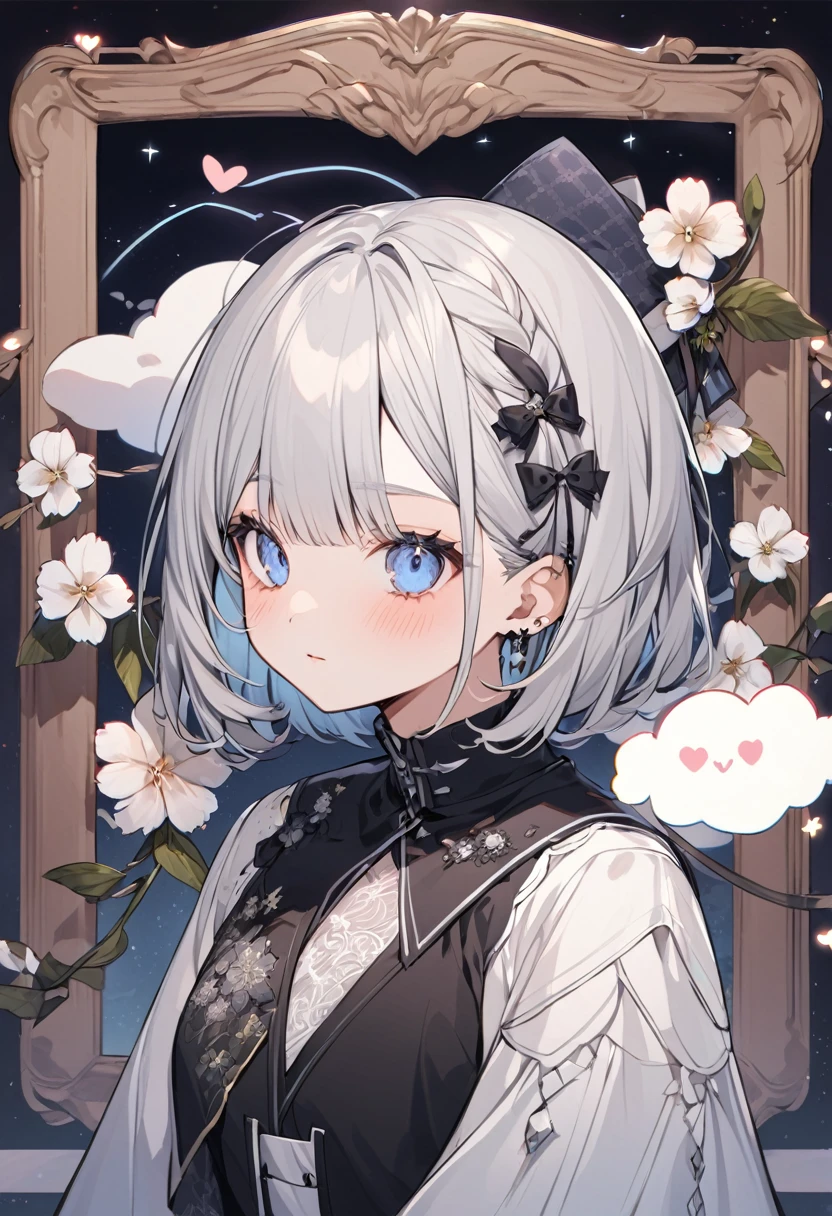 The person in the image appears to be a VTuber, an online content creator using a virtual avatar. Here are the features, including the clothing:
Hair: The VTuber has short, silver hair with bangs. The hair is styled in a short bob cut with black bows on each side.
Eyes: She has large, blue eyes with a gentle, slightly closed expression.
Clothing: She is wearing a black dress with lace details. The dress has a high collar and a unique crisscross pattern on the chest, adorned with floral designs.
Background: The background is white with cute decorations such as clouds, hearts, and the letter "Z" suggesting a dreamy or sleep-related theme.
Comments Section: On the right side of the screen, there is a live comment section in Japanese.
Speech: The VTuber is saying "いってらっしゃい" (Itterasshai), a Japanese phrase used to wish someone well as they leave, similar to "take care" or "have a good day."
This VTuber has a cute and elegant appearance, with a gothic ta-style outfit and short bob haircut.