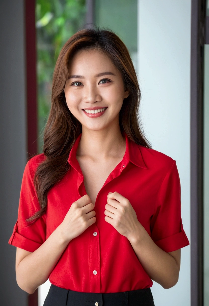 A magnifique femme en chemise rouge , vêtu d,un t-shirt rouge, belle femme brune asiatique, vestindo chemise serrée, léger beau sourire, porter un joli haut,sourire timide , bonne jeune fille, Déesse thailandese, belle jeune femme