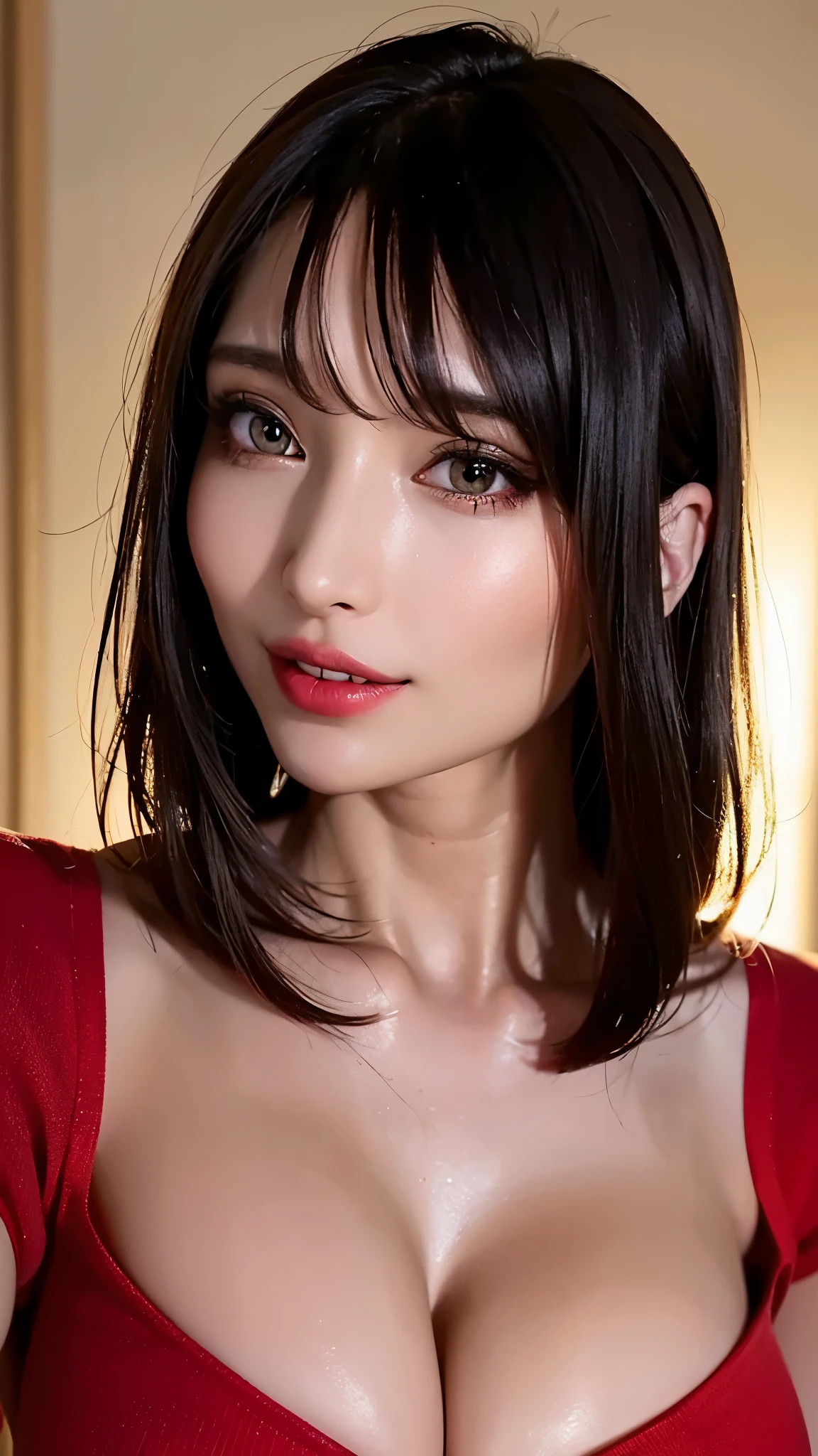 (Highest quality、On the table、8k、Best image quality、Award-winning works)、(Young girl, 14 years old:1.3)、(The perfect V-neck long red sweater:1.2)、(Red eyeshadow:1.2)、Perfect Makeup、Long eyelashes、Ultra HD Shining Eyes、Ultra HD Hair、Ultra-high resolution glossy lips、Ultra High Resolution Perfect Teeth、Ultra HD cute face、Brown Hair、(Very short straight hair:1.1)、Look at me and smile、[clavicle]、Accurate anatomy、Luxury Love Hotel、(The most atmospheric warm light:1.2)、Blurred Background、Has bangs、Ultra-high-definition, shiny, moisturized face、Ultra-high resolution glowing skin、The most delicate face、Super high resolution detailed faces、ultra high resolution hair、Ultra high resolution glowing eyes、Beautiful face with detailed expression、Ultra high resolution glossy red lips、Big Breasts、Split、Fashion Necklace、White camisole