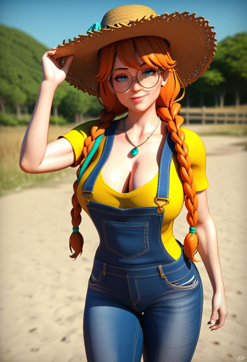 (8k, RAW photos, top quality, masterpiece: 1.2), (High Quality), ray tracing, HDR, (High Details), (Face detail), (Shadow Detail), 3d, 3d render, vtuber, solo, human, farm woman, mature looking female, solo, blue eyes, cleavage, straw hat, long twin braids, orange hair, bronze round glasses, small thin silver necklace with a turquoise stone, overalls, suspenders, yellow frilly shirt, ((freckled skin, lots of freckles on breasts)), large breasts, ((small scars on body, acne scarred skin))Character Sheet Full-Length,