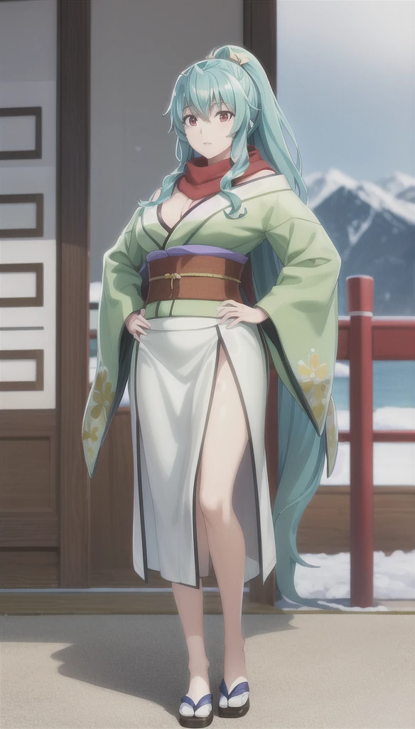 photorealistic, (4k), depth of field, (Masterpiece), (realistic skin texture), extremely detailed, intricate, hyper detailed, high resolution, professional photography, bokeh, sharp detail, best quality, woman,  (green kimono), long hair, aqua hair, ponytail, red eyes, red scarf, large breasts, standing with hands on hips , mountain path, snowing, snow, japanese style, japanese village,