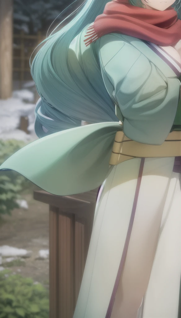 photorealistic, (4k), depth of field, (Masterpiece), (realistic skin texture), extremely detailed, intricate, hyper detailed, high resolution, professional photography, bokeh, sharp detail, best quality, woman,  (green kimono), long hair, aqua hair, ponytail, red eyes, red scarf, large breasts, standing with hands on hips , mountain path, snowing, snow, japanese style, japanese village,