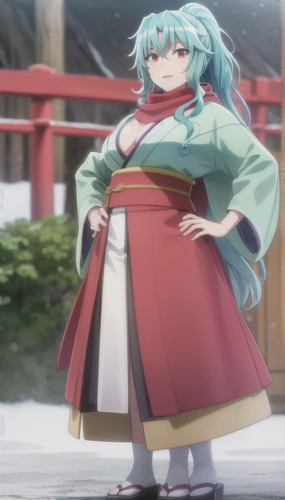 photorealistic, (4k), depth of field, (Masterpiece), (realistic skin texture), extremely detailed, intricate, hyper detailed, high resolution, professional photography, bokeh, sharp detail, best quality, woman,  (green kimono), long hair, aqua hair, ponytail, red eyes, red scarf, large breasts, standing with hands on hips , mountain path, snowing, snow, japanese style, japanese village,