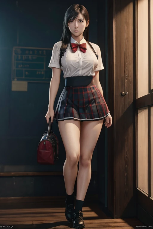 school girl uniform , steam , rain , plaid skirt , pleated skirt , The shirt is tight. , white shirt , school girl , red bow , red knot , highly detailed photo of Tifa Lockhart posing, final fantasy 7 remake, red eyes, intricate, highres, 8k, detailed hair, detailed skin, masterpiece, very long hair,  award-winning photography, sharp focus, dramatic lighting, unreal engine 5, full body shot 