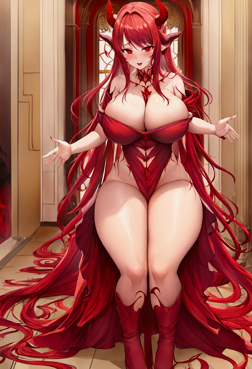 NSFW, vagina visible, Women, big breasts, exciting, Red hair, Red eyes, red horns, legs open, arms pretending to embrace, sex, hentai.