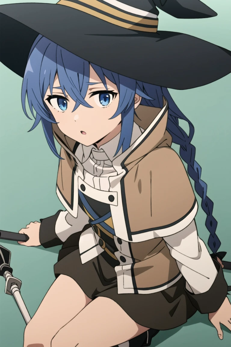 1girl, solo,  body, roxy migurdia, blue hair, long hair, low twin braids, hair ribbon, hair between eyes, ahoge, blue eyes, small breasts, witch hat, white collared shirt, long sleeves, wide sleeves, white capelet, black skirt, black socks, brown cape, white boots, holding staff, looking at viewer, close-up, upper body