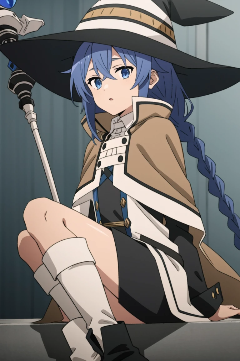 1girl, solo,  body, roxy migurdia, blue hair, long hair, low twin braids, hair ribbon, hair between eyes, ahoge, blue eyes, small breasts, witch hat, white collared shirt, long sleeves, wide sleeves, white capelet, black skirt, black socks, brown cape, white boots, holding staff, looking at viewer, close-up, upper body