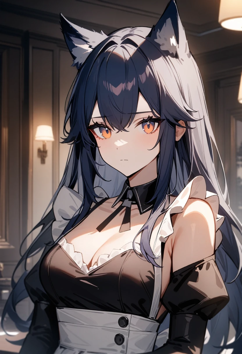 masterpiece, best quality, very aesthetic, absurdres, 1girl, sensitive, [texas\(arknights)], arknights,, upper body, long hair, wolf ears, bangs, breasts, alternate costume, maid, detached collar, expressionless, indoors