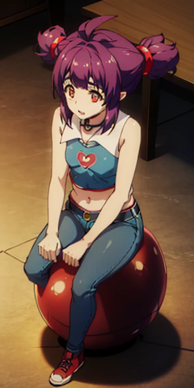 1girl, wearing red t-shirt and blue jeans, sitting on the Exercise ball , arms raised in the air , front view, cute