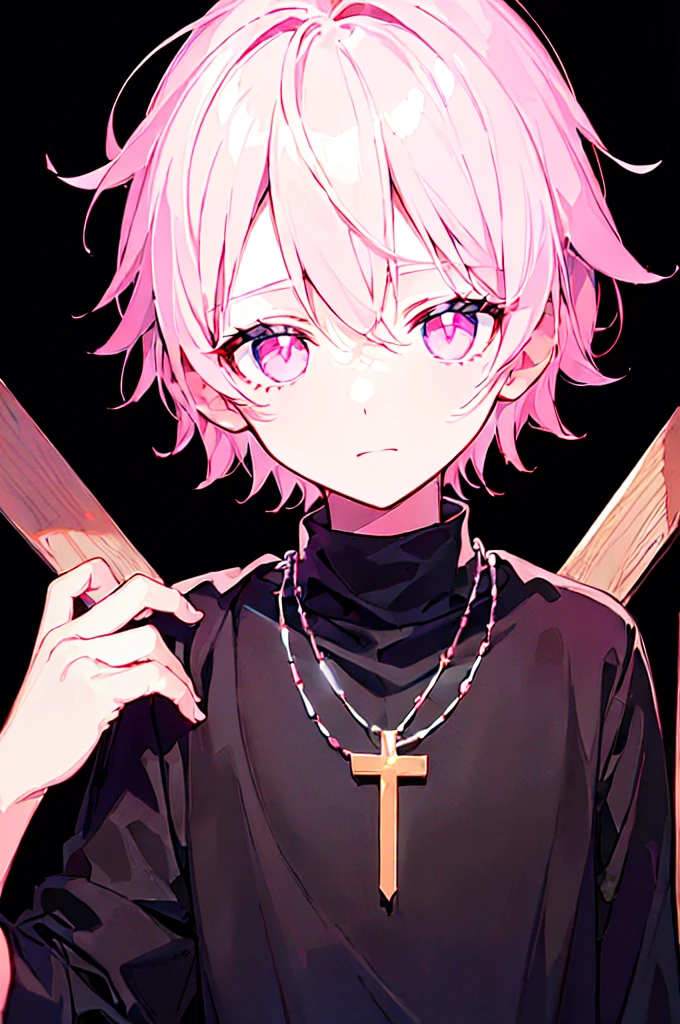 [(BLACK BACKGROUND:1.5)], ((((masterpiece)))), high quality, ((solo)), ((1 little boy)), ((white short hair)), (pink color eyes), upper body, civilian clothes white, Necklace of crosses, (Dark effect:1), anime,