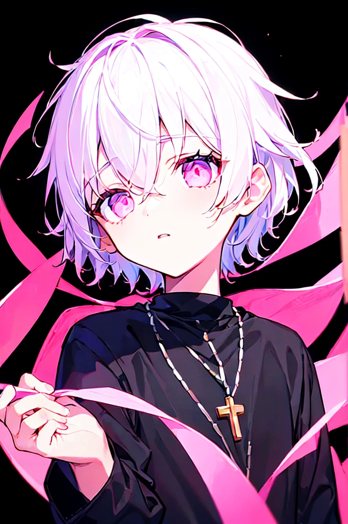 [(BLACK BACKGROUND:1.5)], ((((masterpiece)))), high quality, ((solo)), ((1 )), ((white short hair)), (pink color eyes), upper body, civilian clothes white, Necklace of crosses, (Dark effect:1), anime,
